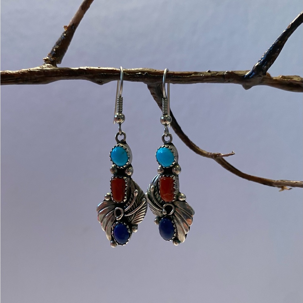 Sylvia Chee Sterling, Turquoise, Red Coral and Lapis Lazuli Navajo Earrings - Picture 2 of 8
